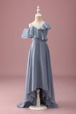 Grigio Blu con scollo a V A-Line Chiffon High Low Junior Abito da damigella d'onore