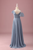 Grigio Blu con scollo a V A-Line Chiffon High Low Junior Abito da damigella d'onore