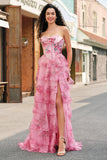 Floreale A Line corsetto senza spalline Tiered Blush Abito da cerimonia con fessura