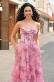 Floreale A Line corsetto senza spalline Tiered Blush Abito da cerimonia con fessura