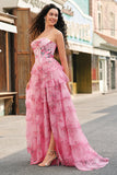 Floreale A Line corsetto senza spalline Tiered Blush Abito da cerimonia con fessura