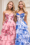 Floreale A Line corsetto senza spalline Tiered Blush Abito da cerimonia con fessura