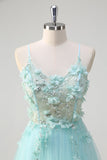 Verde A Line Spaghetti Straps paillettes Tulle Abito da Cerimonia con fiori 3D