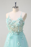 Verde A Line Spaghetti Straps paillettes Tulle Abito da Cerimonia con fiori 3D