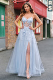 Una linea di tulle Spaghetti Straps Corsetto Applique Blu Abito da cerimonia con fessura