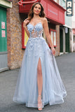 Una linea di tulle Spaghetti Straps Corsetto Applique Blu Abito da cerimonia con fessura