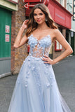 Una linea di tulle Spaghetti Straps Corsetto Applique Blu Abito da cerimonia con fessura