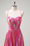 Fucsia A-Line Spaghetti Straps Metallic Plettato Abito da cerimonia lungo con fessura