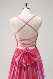 Fucsia A-Line Spaghetti Straps Metallic Plettato Abito da cerimonia lungo con fessura