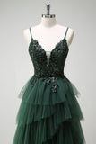 Scintillante verde scuro A-Line corsetto volant Appliqued lungo Abito da cerimonia con fessura