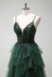 Scintillante verde scuro A-Line corsetto volant Appliqued lungo Abito da cerimonia con fessura