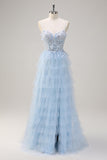 Azzurro Spaghetti Straps A-Line Tulle Tiered Corsetto lungo Abito da cerimonia con fessura