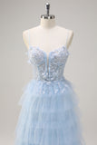 Azzurro Spaghetti Straps A-Line Tulle Tiered Corsetto lungo Abito da cerimonia con fessura