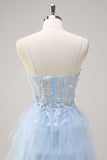 Azzurro Spaghetti Straps A-Line Tulle Tiered Corsetto lungo Abito da cerimonia con fessura