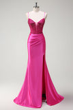 Sparkly Fucsia Mermaid Spaghetti Straps Corsetto in rilievo Satin Long Abito da cerimonia con fessura