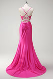 Sparkly Fucsia Mermaid Spaghetti Straps Corsetto in rilievo Satin Long Abito da cerimonia con fessura