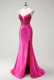 Sparkly Fucsia Mermaid Spaghetti Straps Corsetto in rilievo Satin Long Abito da cerimonia con fessura