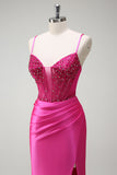 Sparkly Fucsia Mermaid Spaghetti Straps Corsetto in rilievo Satin Long Abito da cerimonia con fessura