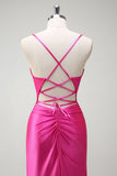 Sparkly Fucsia Mermaid Spaghetti Straps Corsetto in rilievo Satin Long Abito da cerimonia con fessura