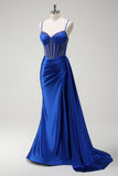 Scintillante Royal Blue Mermaid perline corsetto increspato raso lungo Abito da cerimonia con fessura