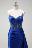 Scintillante Royal Blue Mermaid perline corsetto increspato raso lungo Abito da cerimonia con fessura