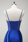 Scintillante Royal Blue Mermaid perline corsetto increspato raso lungo Abito da cerimonia con fessura