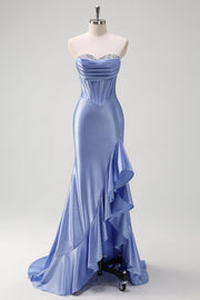 Sparkly grigio blu sirena senza spalline volant corsetto raso lungo abito da cerimonia con fessura