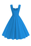 Blu Quadrato Collo A-Line Midi 1950s Abito