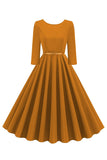 Giallo girocollo maniche corte A-Line Midi 1950s Dress con cintura