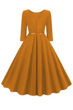 Giallo girocollo maniche corte A-Line Midi 1950s Dress con cintura