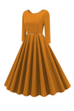 Giallo girocollo maniche corte A-Line Midi 1950s Dress con cintura