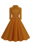 Giallo Peter Pan Collare Maniche Lunghe A-Line Midi 1950s Dress