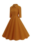 Giallo Peter Pan Collare Maniche Lunghe A-Line Midi 1950s Dress