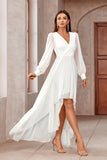 Bianco A-Line Wrap maniche lunghe High-Low Party Dress