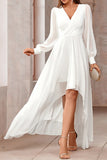 Bianco A-Line Wrap maniche lunghe High-Low Party Dress