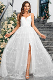 Bianco A-Line Spaghetti Straps Appliques Tulle lungo abito da sposa da festa con fessura