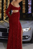 Sparkly Red Hollow Out una spalla manica frangia sirena Prom Dress con fessura