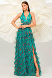 Verde scuro floreale capestro una linea tulle Prom Dress con fessura
