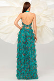 Verde scuro floreale capestro una linea tulle Prom Dress con fessura