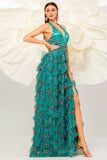 Verde scuro floreale capestro una linea tulle Prom Dress con fessura