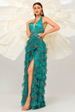 Verde scuro floreale capestro una linea tulle Prom Dress con fessura
