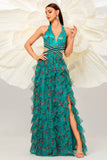 Verde scuro floreale capestro una linea tulle Prom Dress con fessura