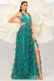 Verde scuro floreale capestro una linea tulle Prom Dress con fessura