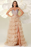 Champagne A Line Sweetheart Corsetto Tiered Tulle Abito lungo da ballo con fessura