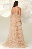 Champagne A Line Sweetheart Corsetto Tiered Tulle Abito lungo da ballo con fessura