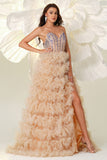 Champagne A Line Sweetheart Corsetto Tiered Tulle Abito lungo da ballo con fessura
