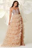 Champagne A Line Sweetheart Corsetto Tiered Tulle Abito lungo da ballo con fessura