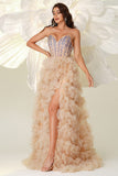 Champagne A Line Sweetheart Corsetto Tiered Tulle Abito lungo da ballo con fessura