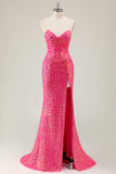 Sparkly Fuchsia Mermaid Abito da ballo lungo senza spalline con fessura