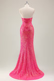 Sparkly Fuchsia Mermaid Abito da ballo lungo senza spalline con fessura